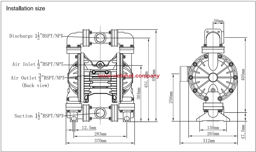 Kích thước lắp đặt của bơm màng vỏ nhôm mk40pp-al