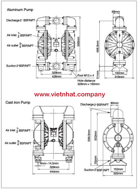 kích thước lắp đặt của bơm màng vỏ nhôm mk50pp-al