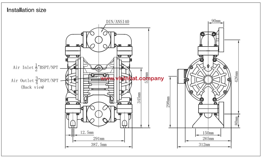 kích thước lắp đặt của bơm màng vỏ nhựa 1.5inc mk40