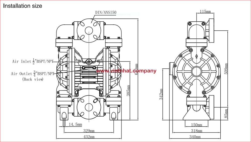 kích thước lắp đặt của bơm màng vỏ nhựa mk50pp-pp-tf-tf-pp