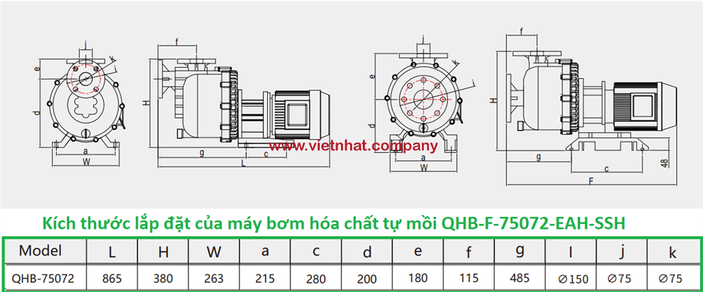 kích thước lắp đặt của bơm tự mồi dùng cho hóa chất model QHB-F-75072-EAH-SSH