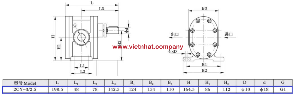 kích thước lắp đặt của đầu bơm bánh răng 2cy3-2.5ms