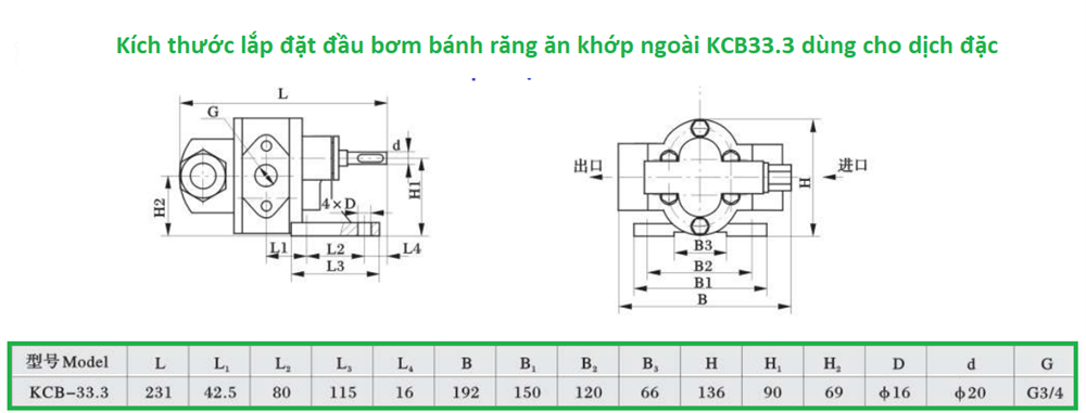 kích thước lắp đặt của đầu bơm inox kcb33.3