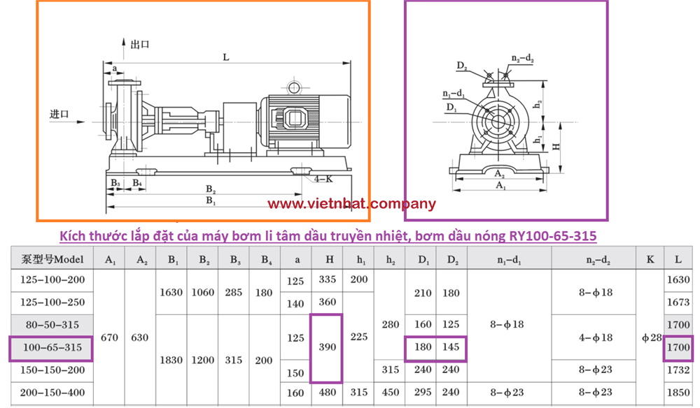 kích thước lắp đặt của máy bơm 75kw model RY100-65-315 dùng cho dầu truyền nhiệt, dầu nóng 