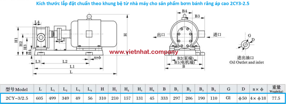 kích thước lắp đặt của máy bơm bánh răng 2cy3-2.5