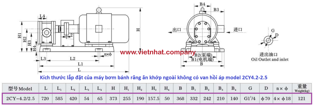 kích thước lắp đặt của máy bơm bánh răng 2cy4.2-2.5