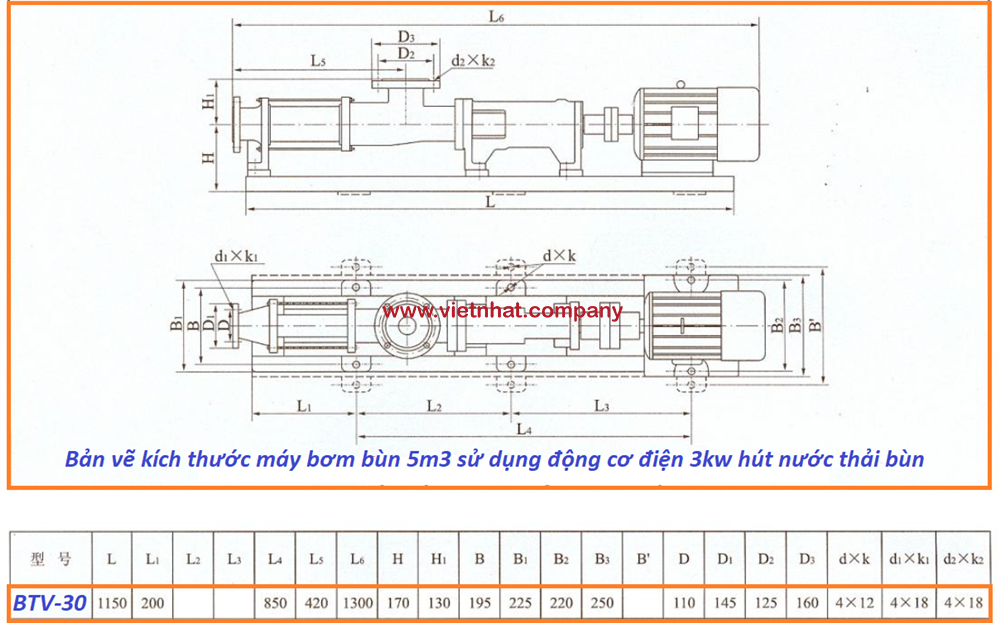 kích thước lắp đặt của máy bơm bùn 5m3 động cơ 3kw model BTV-30