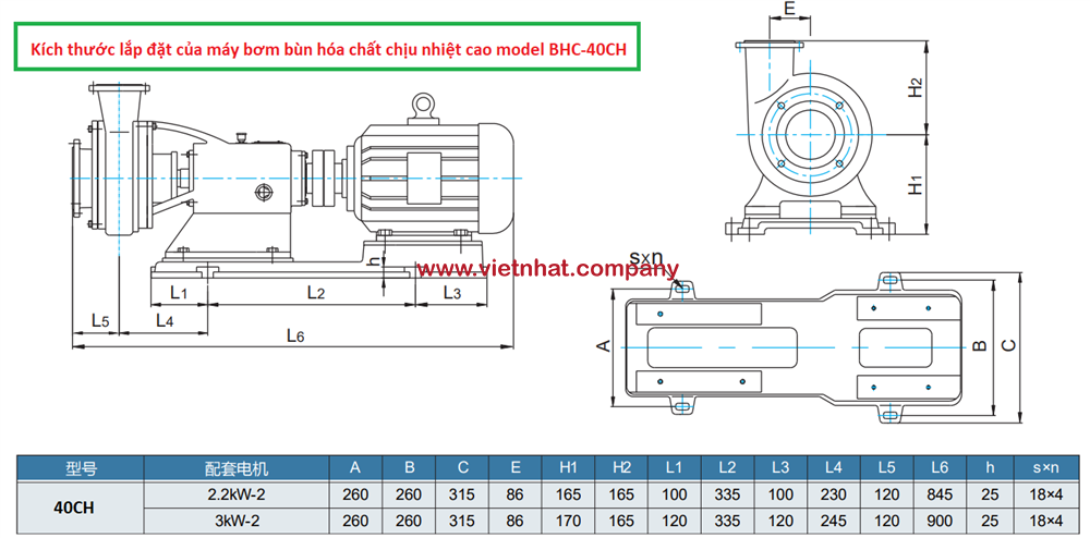 kích thước lắp đặt của máy bơm cánh hở dùng cho bùn hóa chất model BHC-40CH