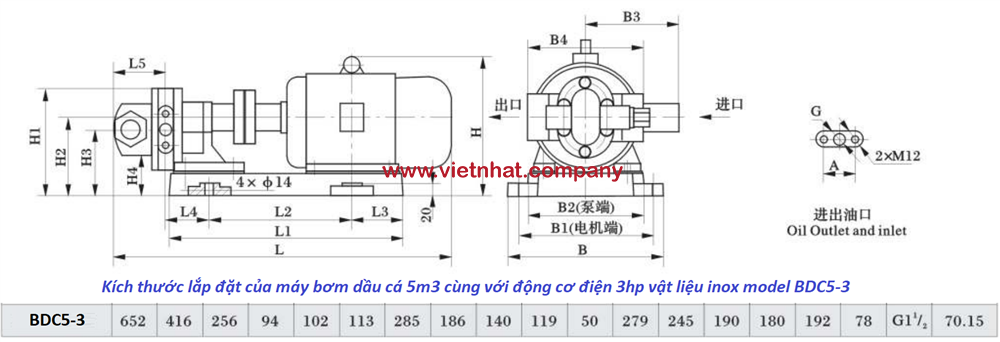 kích thước lắp đặt của máy bơm dầu cá model BDC5-3