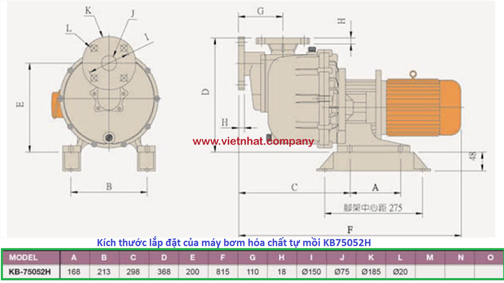 kích thước lắp đặt của máy bơm hóa chất kb75052h