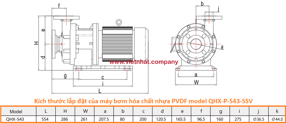 kích thước lắp đặt của máy bơm hóa chất QHX-P-543-SSV