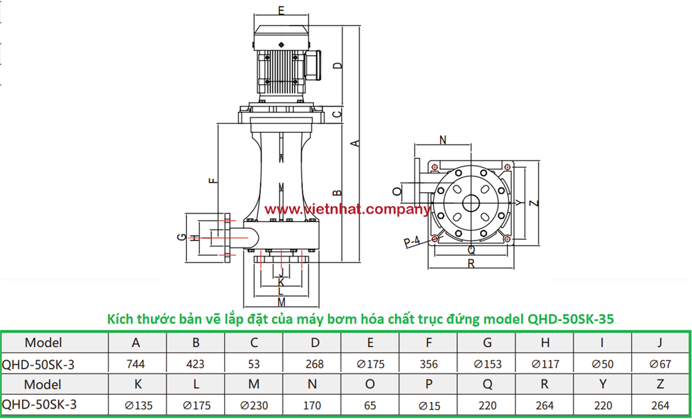 kích thước lắp đặt của máy bơm hóa chất trục đứng QHD-50SK-35