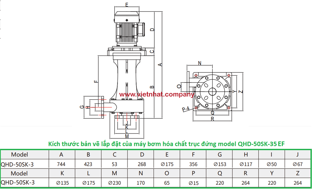 kích thước lắp đặt của máy bơm hóa chất trục đứng QHD-50SK-35EF