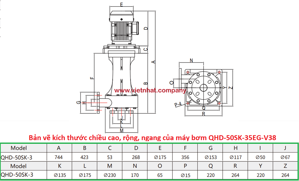 kích thước lắp đặt của máy bơm hóa chất trục đứng QHD-50SK-35EG-V38KBS