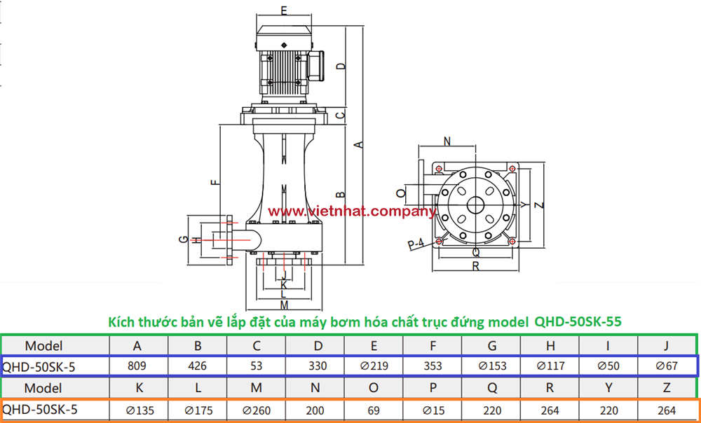 kích thước lắp đặt của máy bơm hóa chất trục đứng QHD-50SK-55