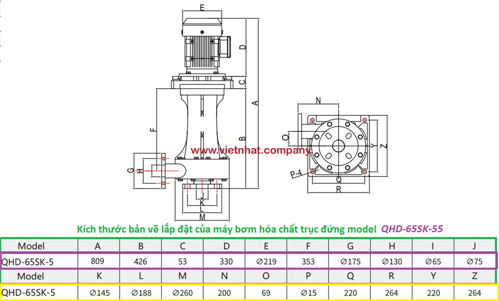 kích thước lắp đặt của máy bơm hóa chất trục đứng QHD-65SK-55