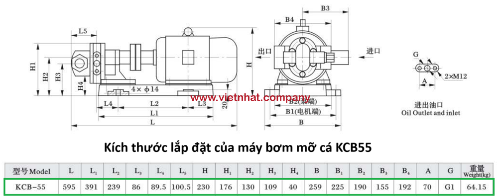 kích thước lắp đặt của máy bơm mỡ cá kcb55 tự mồi