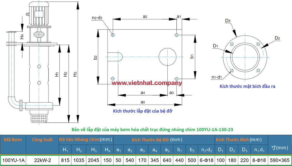 Kích thước lắp đặt của máy bơm nhúng chìm 100YU-1A-130-23