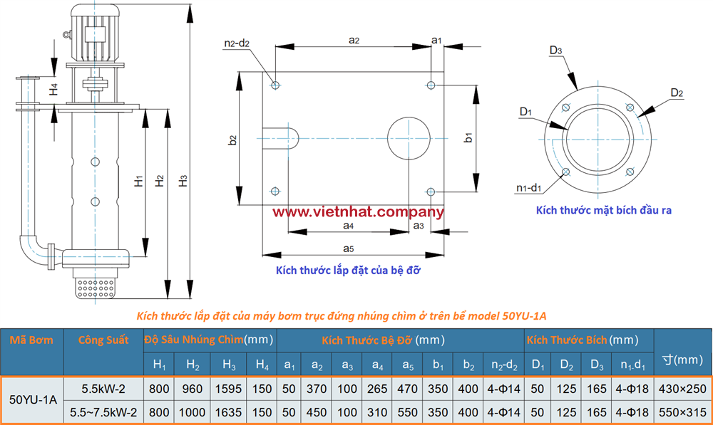 Kích thước lắp đặt của máy bơm nhúng chìm 50YU-1A-30-30