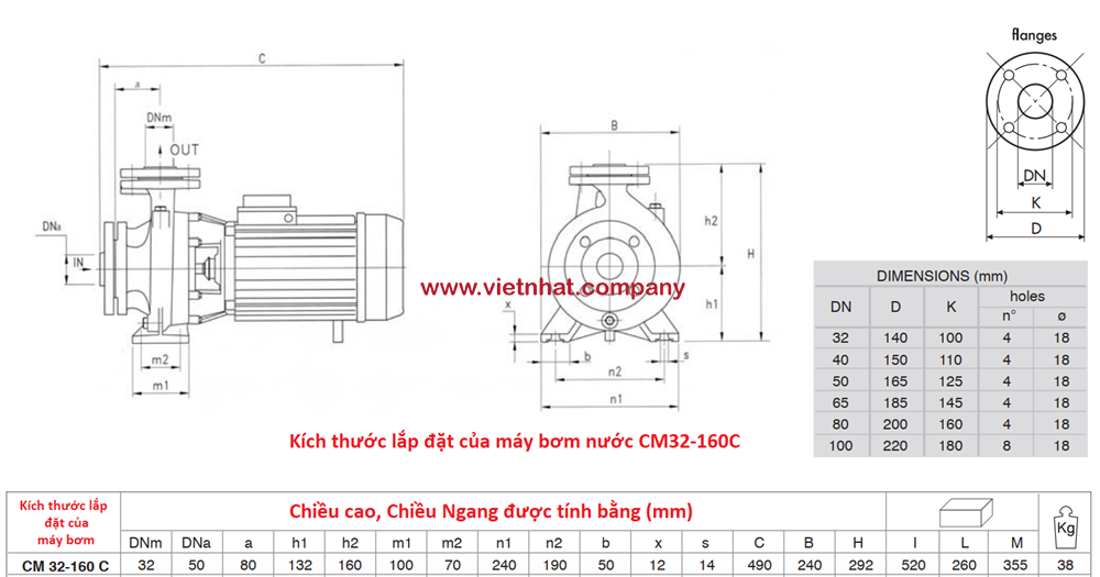 kích thước lắp đặt của máy bơm nước 1.5kw cm32-160c