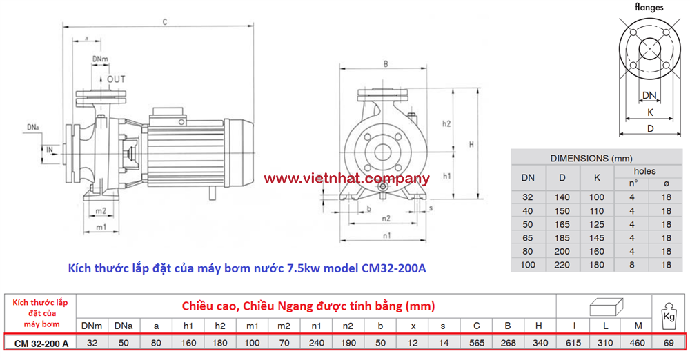 kích thước lắp đặt của máy bơm nước cm32-200A