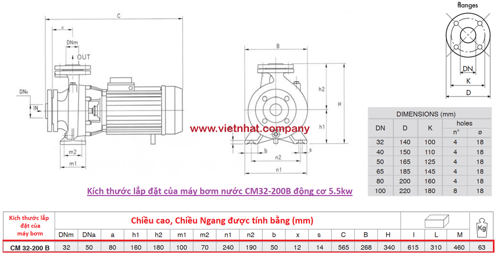 kích thước lắp đặt của máy bơm nước cm32-200B