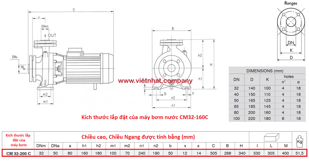 kích thước lắp đặt của máy bơm nước cm32-200c