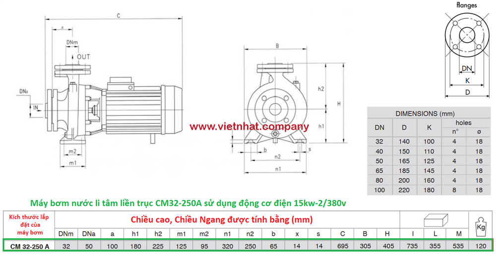 kích thước lắp đặt của máy bơm nước cm32-250a