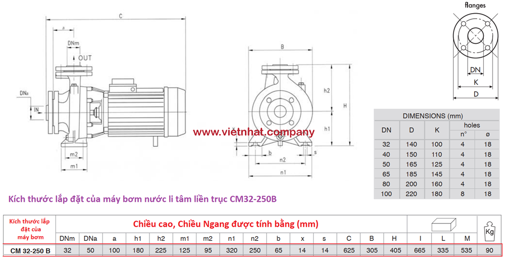 kích thước lắp đặt của máy bơm nước cm32-250B