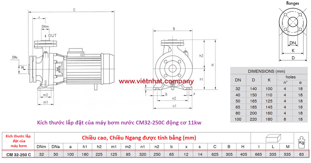 kích thước lắp đặt của máy bơm nước cm32-250c