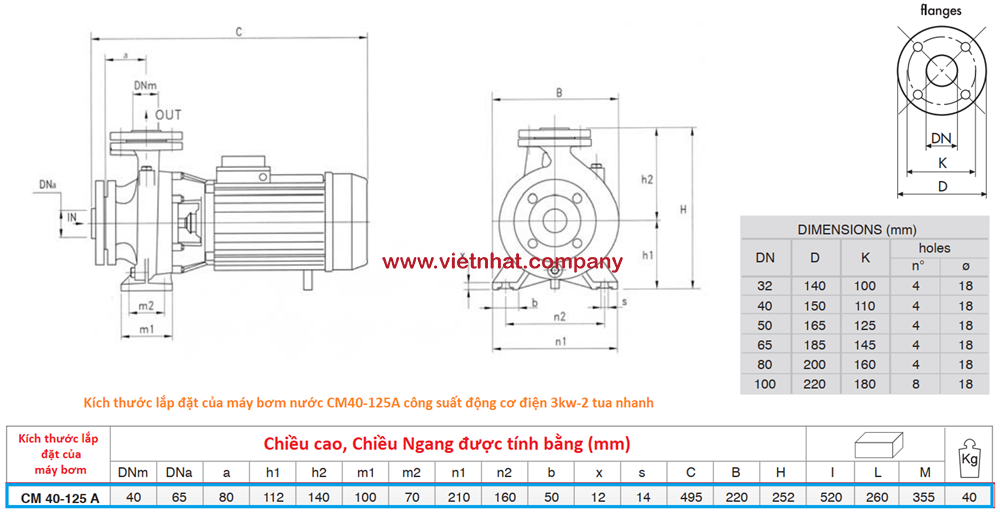 kích thước lắp đặt của máy bơm nước cm40-125a