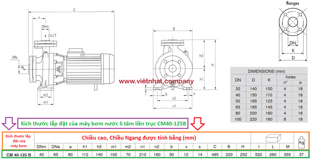 kích thước lắp đặt của máy bơm nước cm40-125b