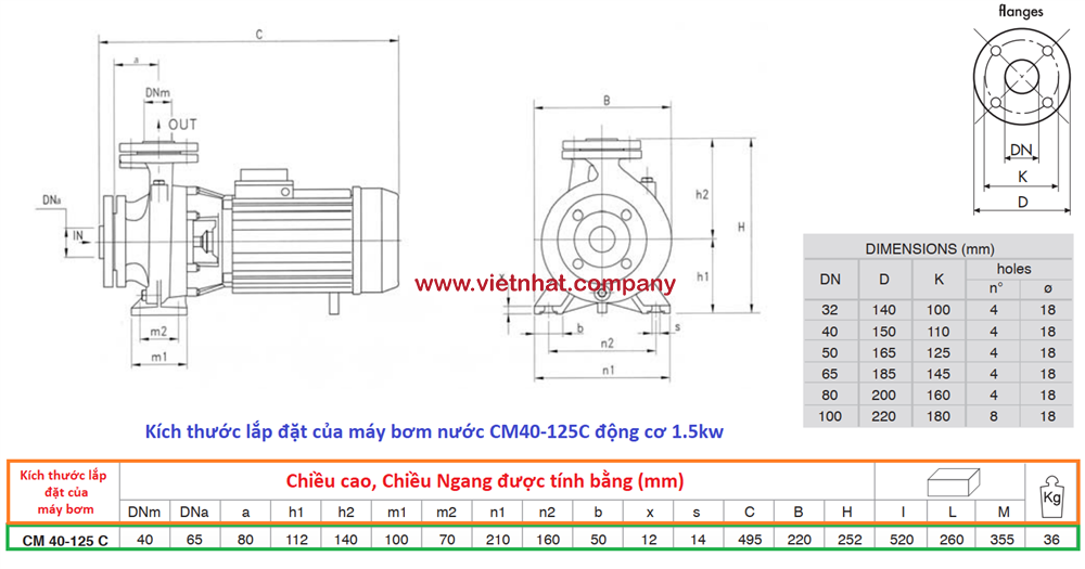 kích thước lắp đặt của máy bơm nước cm40-125c