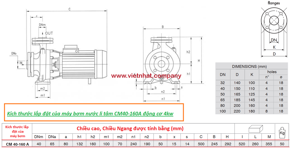 kích thước lắp đặt của máy bơm nước cm40-160a