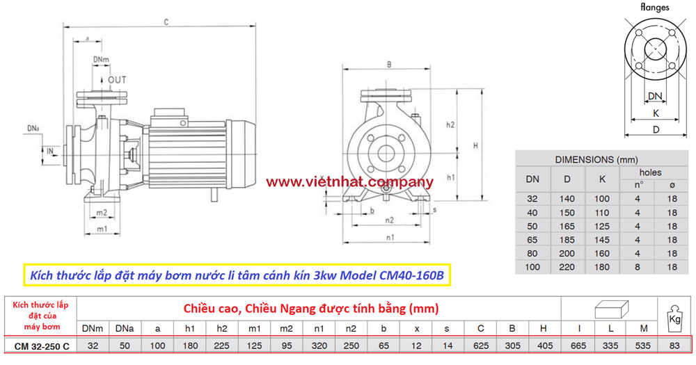 kích thước lắp đặt của máy bơm nước cm40-160B