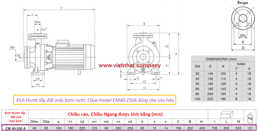 kích thước lắp đặt của máy bơm nước cm40-250a