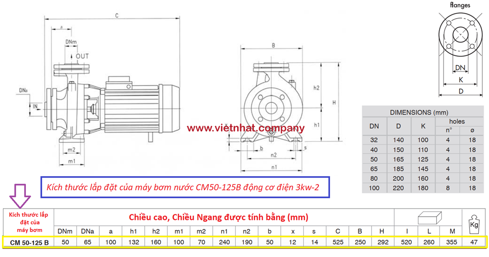 kích thước lắp đặt của máy bơm nước cm50-125B