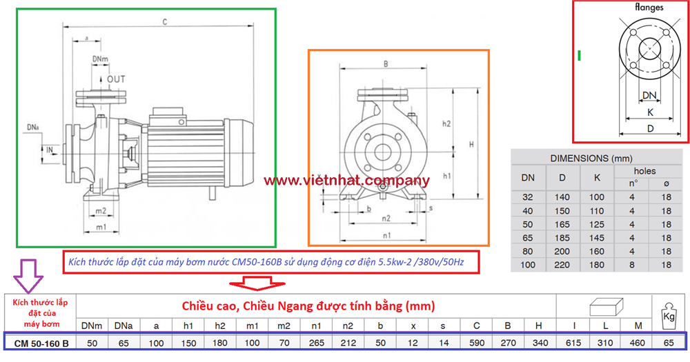 kích thước lắp đặt của máy bơm nước cm50-160b