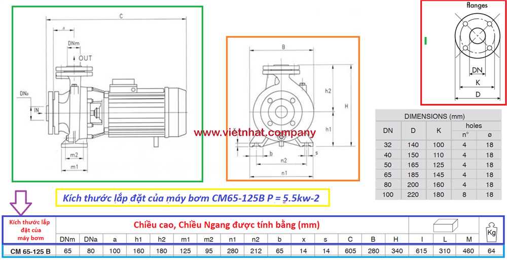 kích thước lắp đặt của máy bơm nước cm65-125b