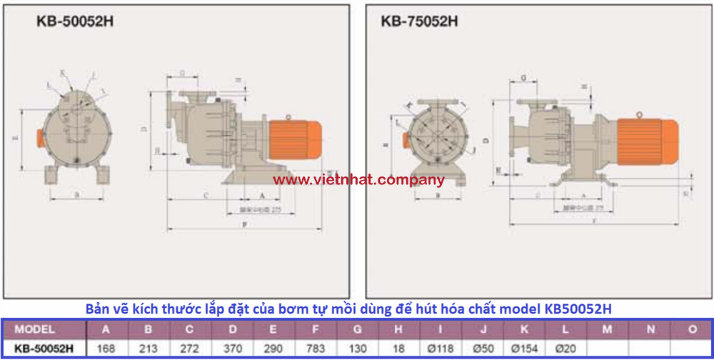 kích thước lắp đặt của máy bơm tự mồi dùng cho hóa chất kb50052H