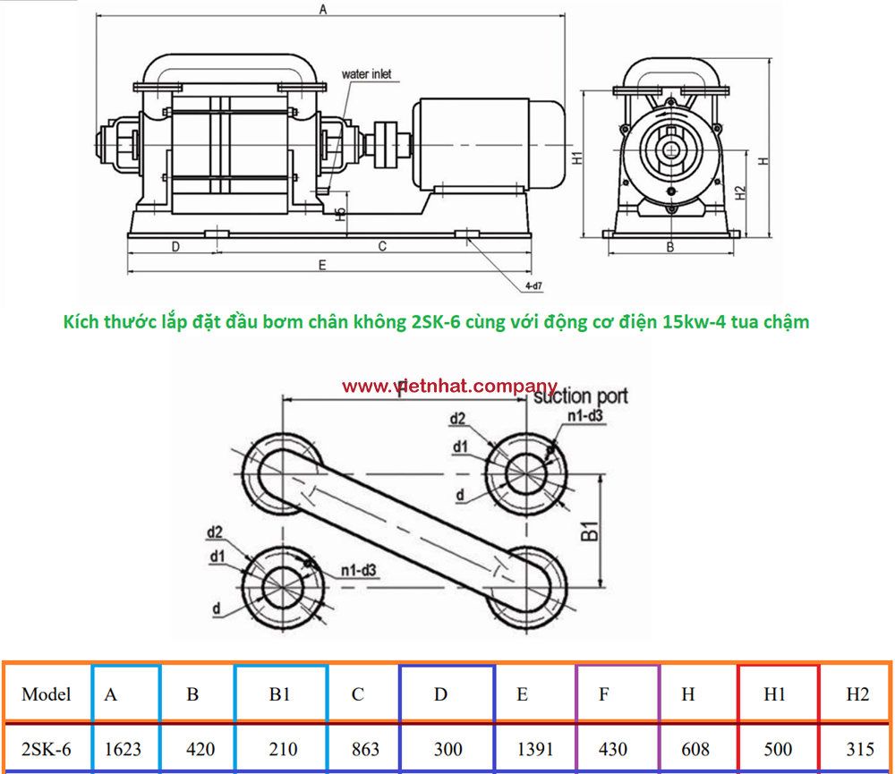 kích thước lắp đặt của máy bơm vòng nước 2 cấp 2SK-6 lắp 15kw-4