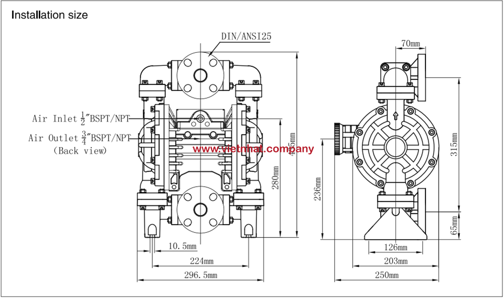 kích thước máy bơm màng mk25pp-kv-tf-tf-kv