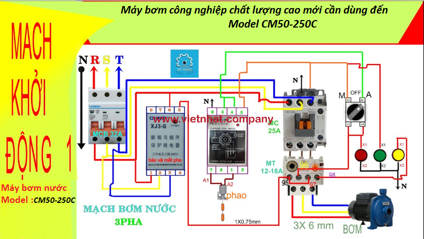 sơ đồ đấu điện máy bơm nước cm tự động và bằng tay của bơm cm50-250c động cơ 15kw-2