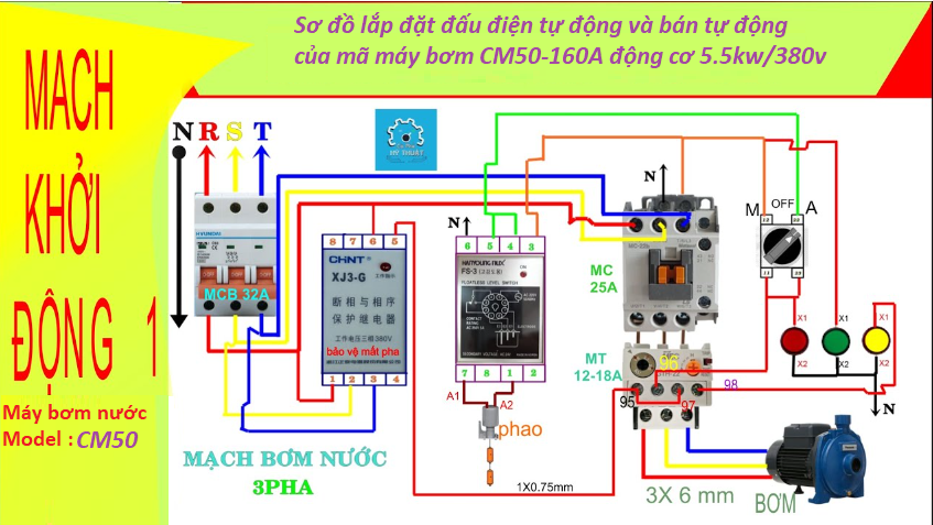 sơ đồ đấu điện máy bơm nước cm tự động và bằng tay của model CM50-160A