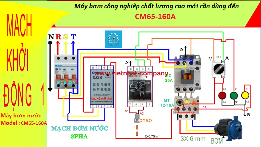 sơ đồ đấu điện máy bơm nước cm tự động và bằng tay của model CM65-160A