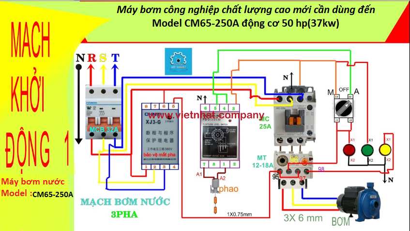 sơ đồ đấu điện máy bơm nước cm tự động và bằng tay model CM65-250A