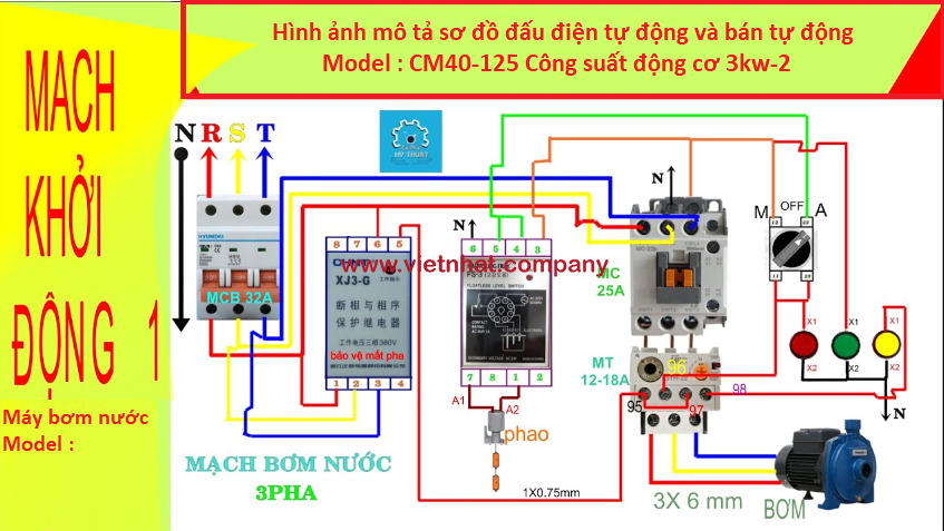 sơ đồ đấu điện máy bơm nước cm40-125A tự động và bằng tay