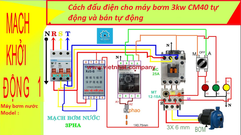 sơ đồ đấu điện máy bơm nước cm40-160btự động và bằng tay