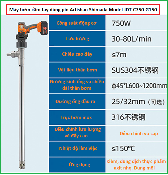 thông số kỹ thuật của bơm thùng phuy inox 304 JDT-C750-G150